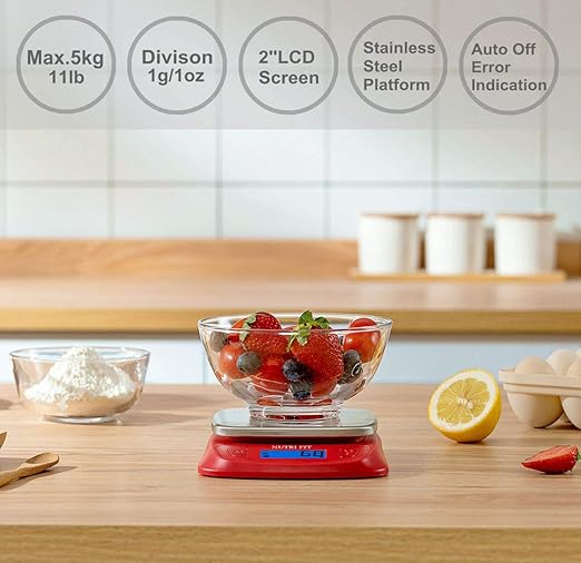 NUTRI FIT Ultra Slim Food Scale Digital Kitchen 1g Increment Measure in lb oz ml High Precision Weight in Grams and oz for Coffee Making, Meal Prep - Red/Stainless Steel - Image 2