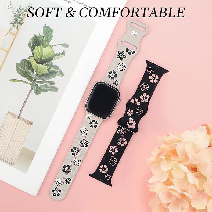 2 Pack Floral Engraved Bands for Apple Watch Band 38mm 40mm 41mm 42mm 44mm 45mm 46mm 49mm Women, Two-Tone Cute Flower Soft Silicone Sport Strap for iWatch S10 9 8 7 6 5 4 3 2 SE Ultra - Image 5