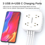 10 Ft Surge Protector Power Strip - YISHU 8 Widely Outlets with 4 USB Ports, 3 Side Outlet Extender with 10 Feet Flat Extension Cord, Ultra Flat Plug, Wall Mount, Desk USB Charging Station, ETL, White - Image 3