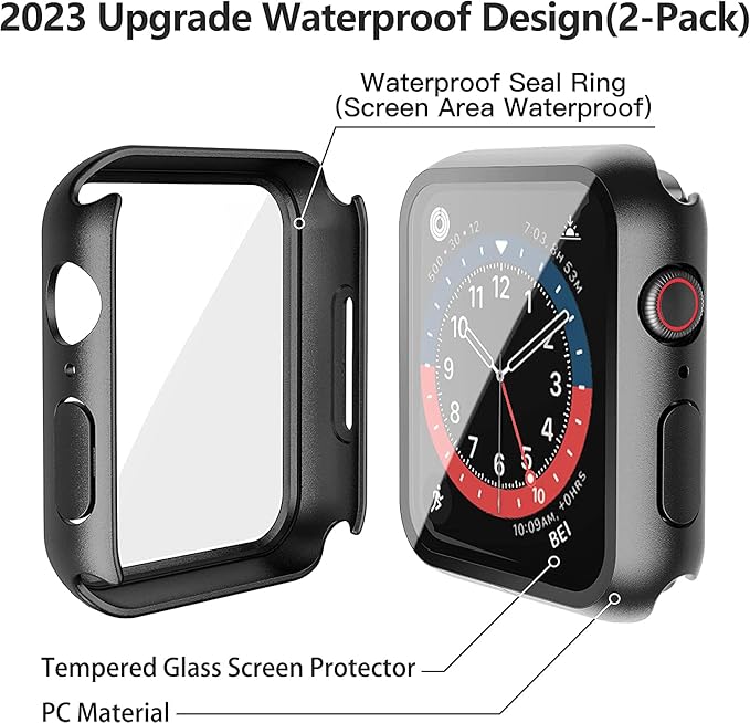 Misxi [2 Pack] Waterproof Case with Button for Apple Watch SE 2 (2024) SE Series 6 Series 5 Series 4 44mm, Anti-Fall PC Cover with Tempered Glass Screen Protector for iWatch, 1 Black + 1 Transparent - Image 4