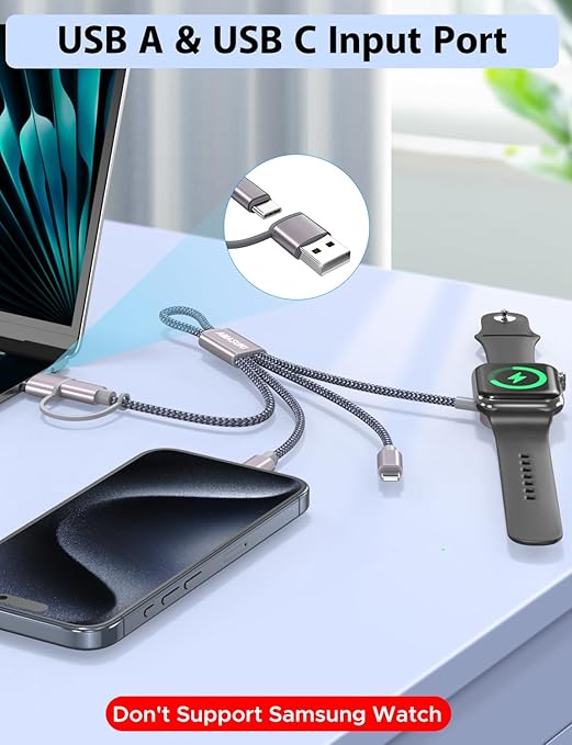 Travel Essentials,3 in 2 USB C Cable for Apple Watch Charger,iPhone Charger,Multi Charging Cable,Cruise Vacation Camping Essentials,Portable for iWatch Series 11-2/Ultra/SE & iPhone 17-12,Car,0.7FT - Image 2