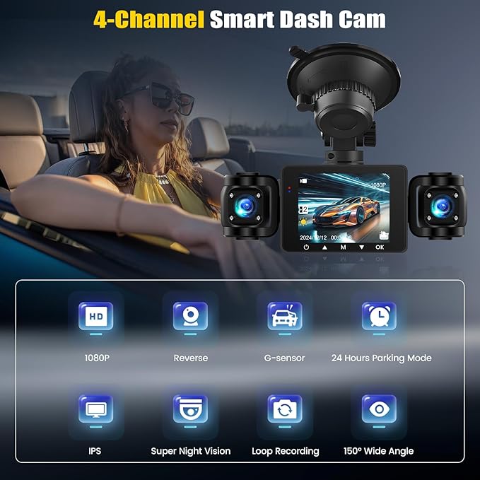 4 Channel Dash Cam Front and Rear Inside Left Right,2.4 Inch 1080P Dash Camera for Cars Car Camera with IR Night Vision,Loop Recording,G-Sensor,Parking Assistance,24H Parking Monitor - Image 3