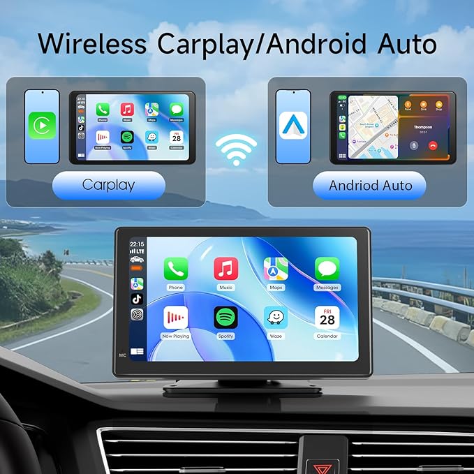 Haudio 7" Wireless CarPlay & Android Auto Screen for Car, Portable Car Stereo with 1080P Front & Rear Dash Cam, Backup Camera, Bluetooth, GPS Navigation, FM Transmitter, Plug & Play - Image 2