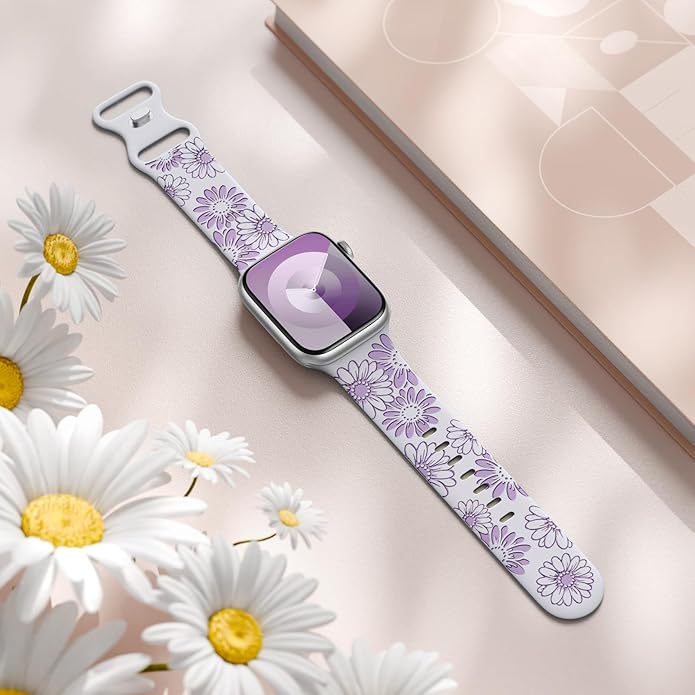 DaQin Floral Engraved Band Compatible with Apple Watch Bands for Women 40mm 41mm 42mm 44mm 45mm 46mm 38mm, Cute Two-Tone Flower Soft Silicone Sport Strap for iWatch Series 11 10 9 8 7 6 5 4 3 2 1 SE - Image 2