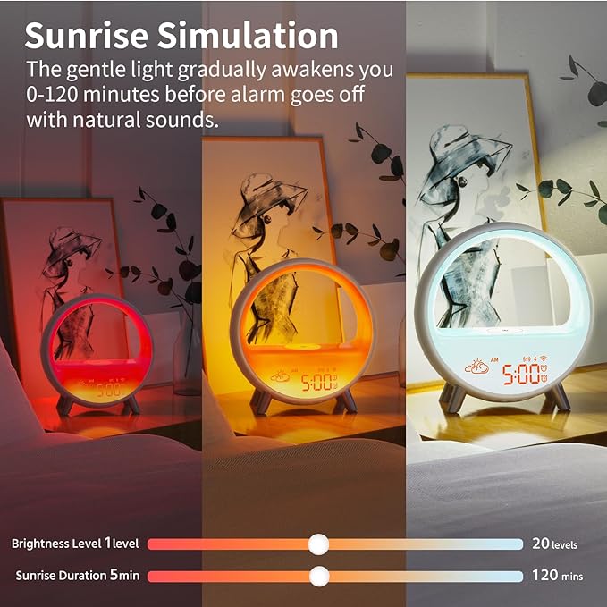 MOMILLA Smart Sunrise Alarm Clock with Wireless Charging, Wake up Light w/Bluetooth Speaker, APP Control White Noise Sound Machine, Compatible with Airpods/iPhone, Alarm Clocks for Bedrooms Adults - Image 5