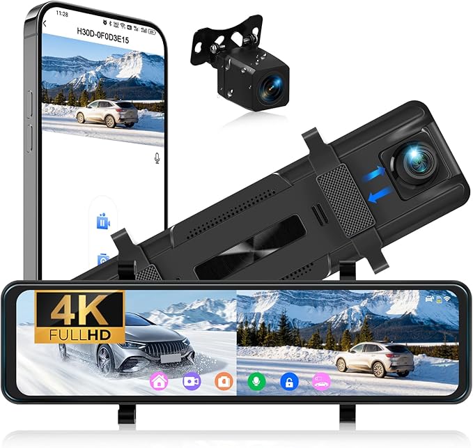10.88 Inch Mirror Dash Cam,4K Touchscreen Rear View Mirror Front and Rear View Dual Cameras,Night Vision,G-Sensor,APP Control,Motion Detection,Loop Recording,Parking Assistance,Parking Monitor by AMprimeCarStereoRadio