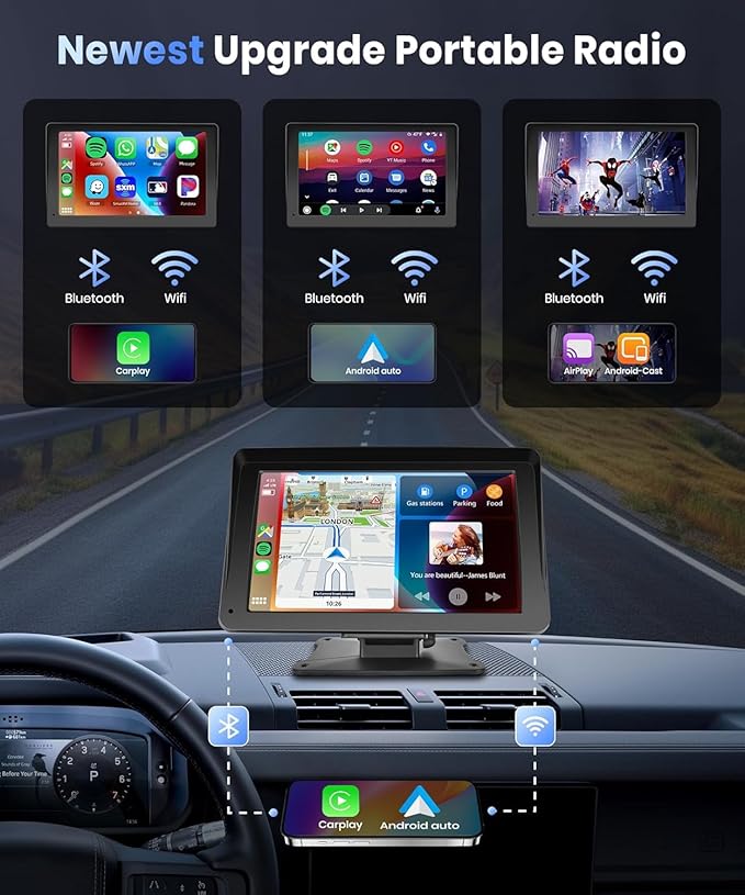 Podofo Portable Car Stereo Wireless Carplay Android Auto,7 Inch Touch Screen Car Radio with Bluetooth Hands-Free/Mirror Link/Maps Navigation/Voice Control/TF Card/AUX,for Cars, Trucks, SUVs - Image 3