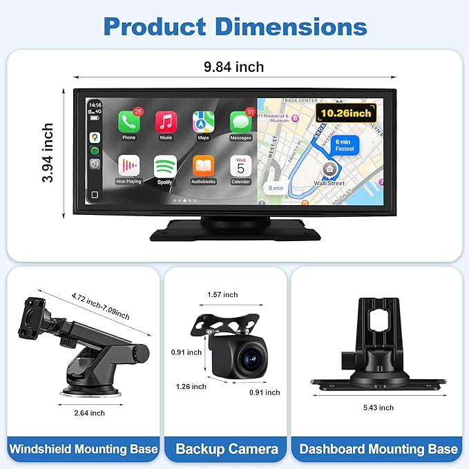 10.26'' Wireless CarPlay Screen for Car with 4K Dash Cam & 1080P Backup Camera, Apple Car Play & Android Auto Car Stereo HD Touchscreen, GPS Navigation & Mirror Link - Image 2
