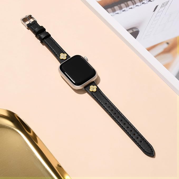 STROLL Thin Leather Band Compatible with Apple Watch Bands 42mm(Series 11 10) 41mm 40mm 38mm Women, Stylish Genuine Leather Strap with Charms, Slim Wristband Design for iWatch SE Series 9 8 7 6 5 4 3 2 1, Black/Silver - Image 4