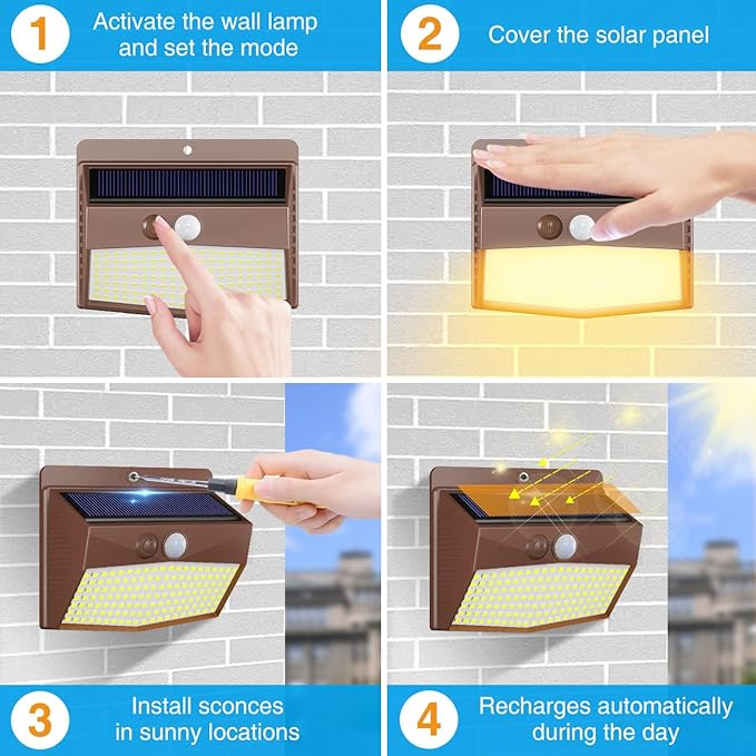 Peasur Solar Outdoor Lights, [8 Packs] Motion Sensor Security Lights with 3 Lighting Modes Wall Lights Waterproof Solar Powered Lights for Garden Yard,Brown White - Image 5