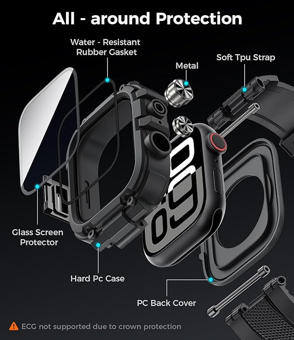 Goton IP68 Waterproof Rugged Band for Apple Watch 46mm/45mm/44mm with Case build-in Screen Protector – Heavy Duty Sport Strap Compatible with iWatch Series 11/10/9/8/7/6/5/4/SE - Image 6