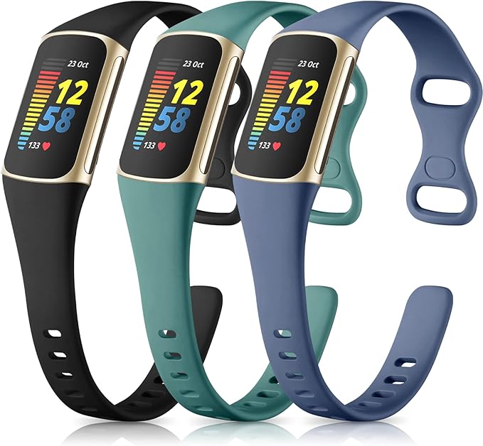 Maledan 3 Pack Bands Compatible with Fitbit Charge 5 Band for Women Men, Soft Slim Thin Sport Replacement Accessories for Fitbit Charge 5/Charge 6 Advanced Fitness Tracker, Black/Pine/Bluegray by Maledan