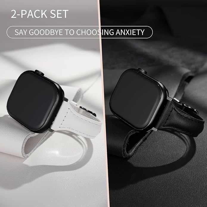 2 pack Slim Genuine Leather Bands Compatible with Apple Watch Band 38mm 40mm 41mm 42mm 44mm 45mm 49mm,Top Layer Leather Watch Thin Women Men Straps for iWatch Series 9/8/7/6/5/4/3/2/1 Ultra SE - Image 2