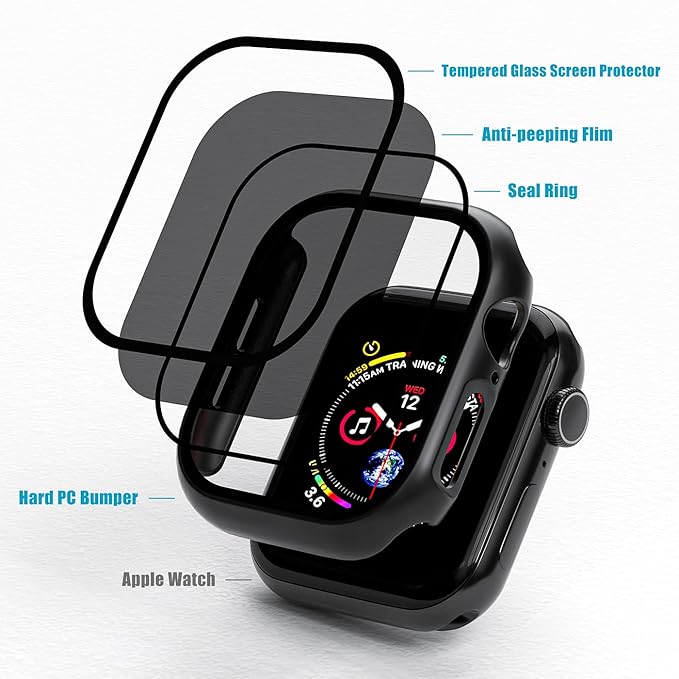 2 Pack Privacy Case for Apple Watch Screen Protector, Anti-Spy Tempered Glass Film Apple Watch Cover Hard PC Case Bumper for iWatch Series 11 Series 10 - Black/Black 46mm - Image 3