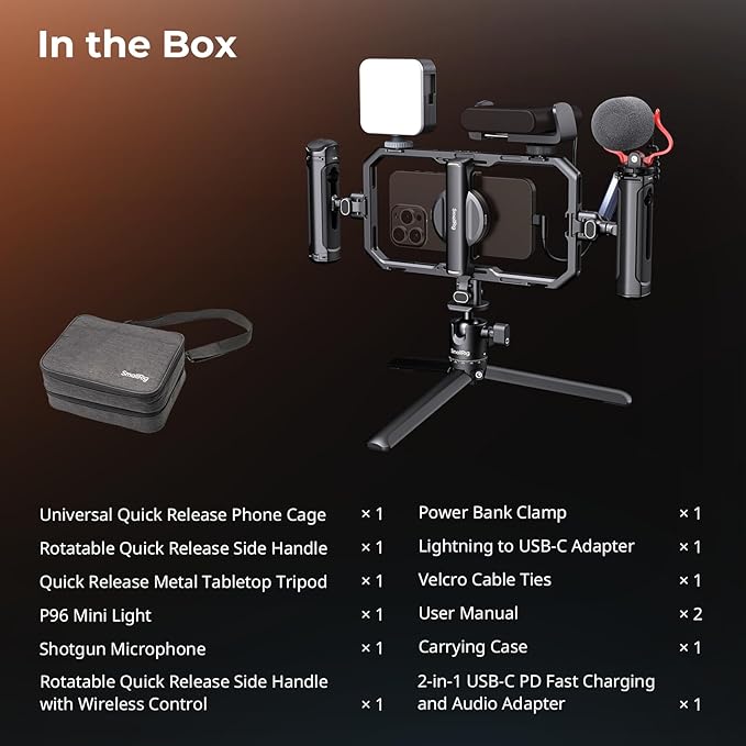 SmallRig All-in-One Universal Quick Release Phone Video Rig Kit Pro, Phone Stabilizer Rig Kit with LED Light Microphone QR Tripod Dual Handles Power Bank Holder, for Creator & Live Streaming - 4704 - Image 8