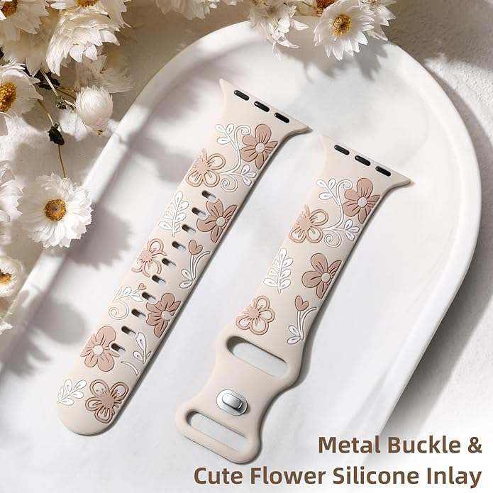 Witzon Floral Band Compatible with Apple Watch Bands For Women 40mm 41mm 38mm 42mm 44mm 45mm 46mm 49mm, Engraved Cute Flower Silicone Dressy Strap for iWatch Series 11 10 9 8 7 6 5 4 3 2 SE Ultra - Image 6