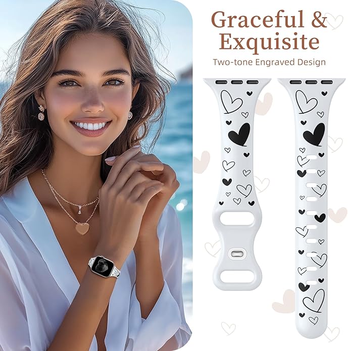 Lerobo Slim Thin Two-Tone Compatible with Apple Watch Band 40mm 38mm 41mm 42mm 44mm 45mm 46mm 49mm for Women- Soft Cute Flower/Heart Engraved Sport Band for iWatch Series 11 10 9 8 7 6 5 4 3 SE Ultra - Image 2