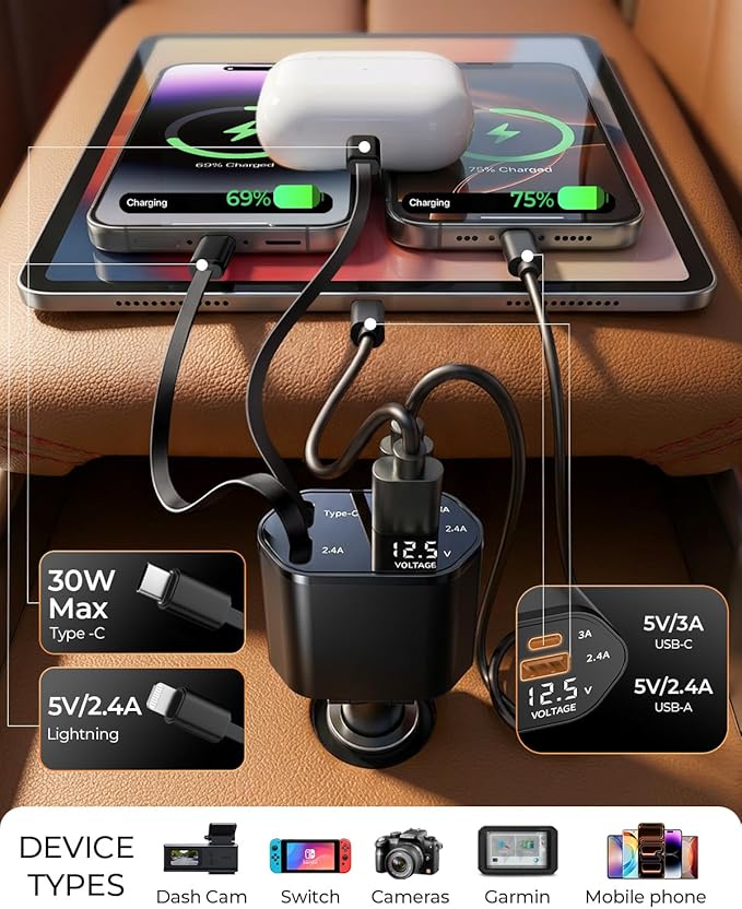 2026 MimAuto 4 in 1 Retractable Car Charger, Car Charger USB C Fast Charger, Car Phone Charger for iPhone 17/16/15/14/13, Samsungs, Tablets, Dash cams. Black Car Accessories for Men Women - Image 6