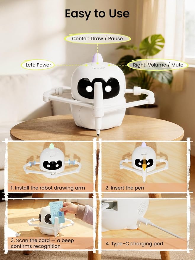 Grownsy Smart Drawing Robot for Kids, Light & Voice Guidance Education Toy with Scan, Doodle Bot with 150 Word Cards & 12 Color Pens, Montessori Painting Learning Toys for Kids Ages 3–8, Birthday Gift - Image 7