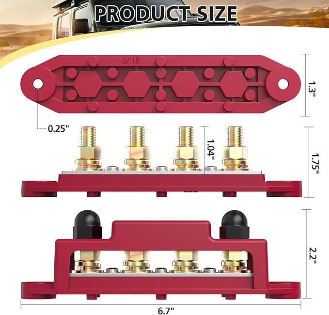 MOFEEZ Power Distribution Block Bus Bar, 4 x 5/16" Post Marine Bus Bar Battery Busbar Terminal Block with Cover, Lugs, Ring Terminals (Pair, Red & Black) - Image 2