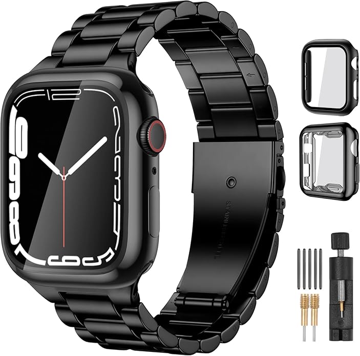 Lerobo Compatible with Apple Watch Band 44mm 42mm 40mm 38mm 41mm 45mm 46m 49mm, Solid Stainless Steel Metal Band with 2 Pack Protective Cover Case for iWtach Series 11 10 9 8 7 6 5 4 3 SE Ultra Men Women by Lerobo