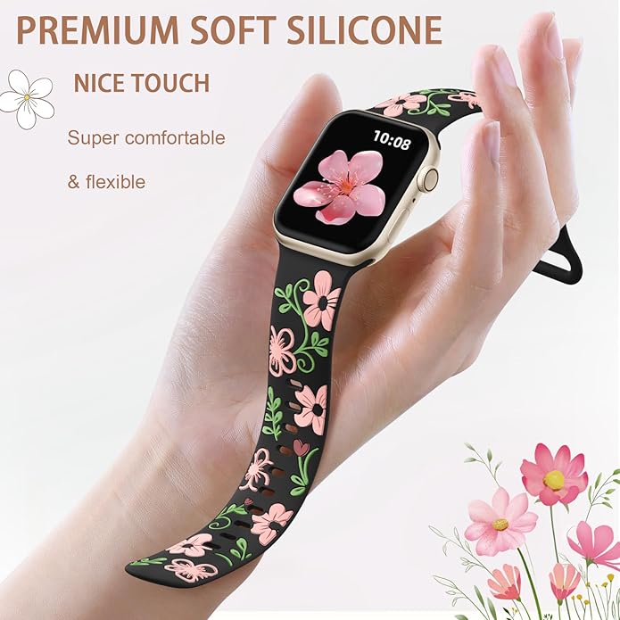 Witzon Floral Band Compatible with Apple Watch Bands For Women 40mm 41mm 38mm 42mm 44mm 45mm 46mm 49mm, Engraved Cute Flower Silicone Dressy Strap for iWatch Series 11 10 9 8 7 6 5 4 3 2 SE Ultra - Image 3