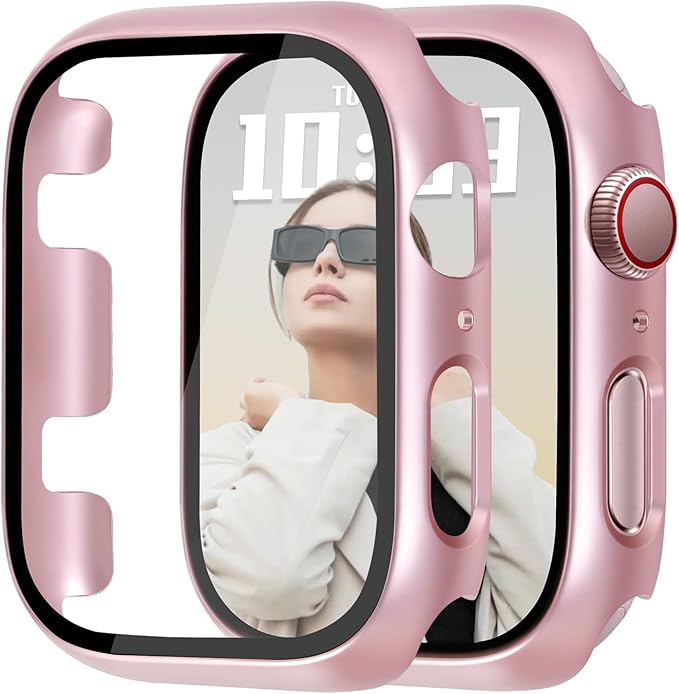 JR.DM 38mm 2 Pack Hard PC Case with HD Tempered Glass Screen Protector for Apple Watch Series 3/2/1, Slim Guard Bumper Full Coverage Protective Anti-Scratch Face Cover for iWatch, Pink/Clear by JRDM