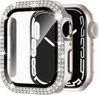 Adepoy Compatible for Apple Watch Case Series 7/8 41mm with Tempered Glass Screen Protector, Double Bling Case Crystal Diamonds Rhinestone Bumper Overall Hard PC Ultra-Thin Protective Cover For iWatch by AdepoyAppleWatchAccessories