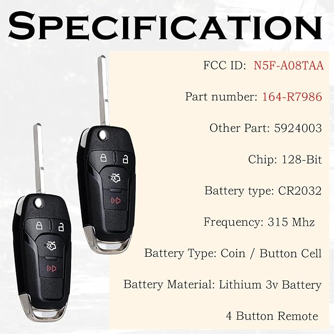 SUPALAND Keyless Entry Remote Control Flip Key Fob Replacement Fits for Ford Fusion 2013 2014 2015 2016 N5F-A08TAA 164-R7986 5924003 315Mhz 4 Buttons - Image 3