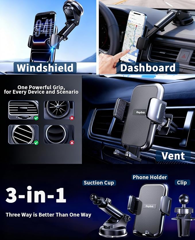 RayLink NO.1 Best Phone Holders for Your Car Ultimate Military-Grade Windshield Dashboard Vent【Upgraded Suction & Clip】 Cell Phone Mount with Patent & Safety Certs for iPhone 17 Pro Max 16 15 Samsung - Image 6
