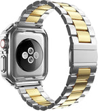 Compatible with Apple Watch Band and Case, Stainless Steel Metal Chain with TPU Cover, Smart-Watch Link Bracelet Strap, Wrist-Band for i-Watch Series 10 11, 46mm, Silver+Gold - Image 2