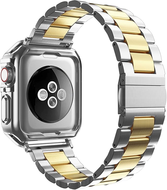 Designed for Apple Watch Band and Case, Stainless Steel Metal Chain with TPU Cover, Smart-Watch Link Bracelet Strap, Wrist-Band for i-Watch Series 9 8 7 6 5 4 3 2 1 SE, 45mm 44mm 42mm, Silver+Gold - Image 2
