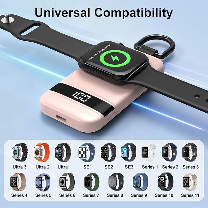 Portable Charger for Apple Watch, 2500mAh & Digital Display – Magnetic Fast Charging iWatch Charger for Travel – for Apple Watch Series 1-11/SE1-3/Ultra 1-3 (Pink, 2.5, Watts) - Image 7