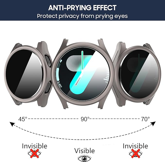Suoman 5+5 Pack for Samsung Galaxy Watch 7 40mm Case, [Anti-Peeping] 9H Tempered Glass Privacy Screen Protector+ All-Round PC Matte Protective Cover Bumper -Black+Blue+Silver+Grey+Clear - Image 6