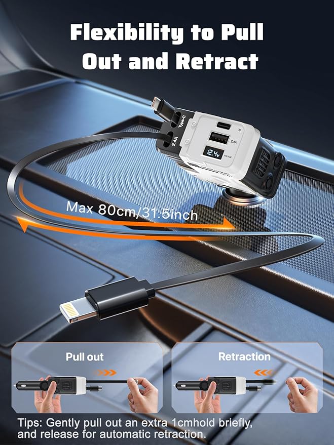 Retractable Car Charger with Retractable Cables (31.5 inch), 4 in 1 Super Fast Car Phone Charger, 2 USB Ports Car Charger Adapter, Compatible with iPhone 15 14 13 12 11 Pro Max, iPad, Pixel - Image 3