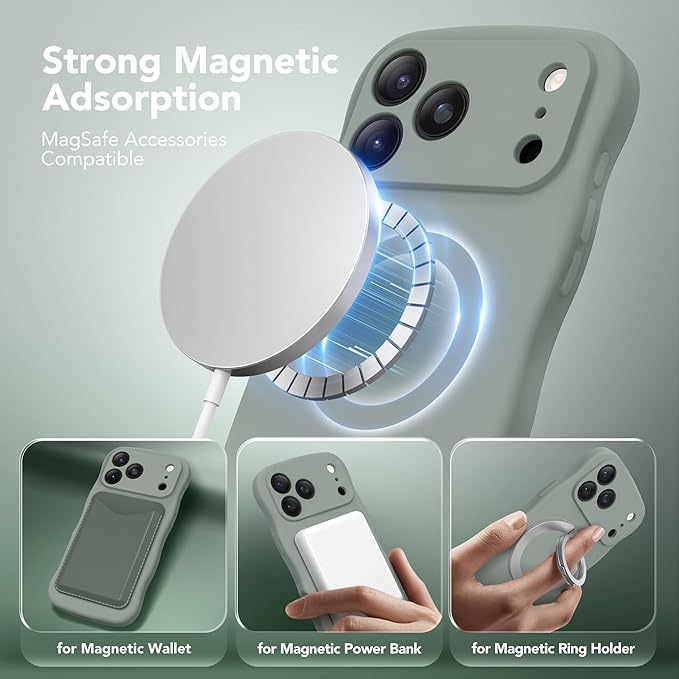Magnetic for iPhone 17 Pro Case, [Full Camera Protection][Compatible with MagSafe] Cute Wave Frame Silicone Shockproof Protective Phone Case for iPhone 17 Pro 6.3", Calke Green - Image 2