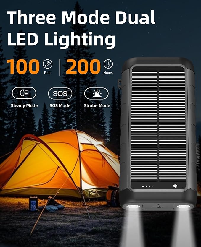 Solar Portable Charger Power Bank 59800mAh, Outdoor Waterproof Battery Pack, 3 Built in Cables & Hand Crank, 6 Outputs, 15W Wireless Charging, Emergency LED Flashlight for Camping Hiking Travel - Image 5