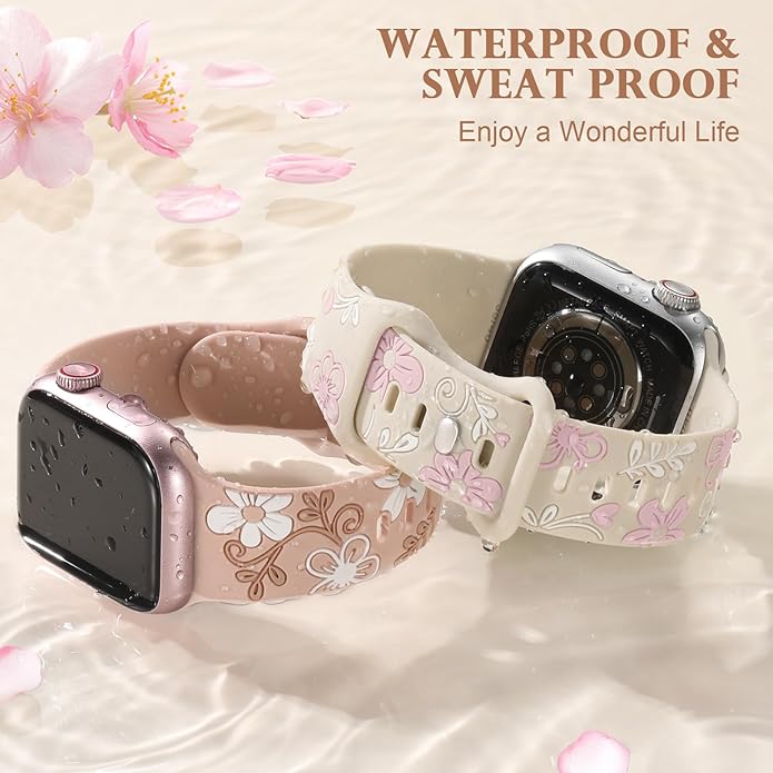 Witzon Floral Band Compatible with Apple Watch Bands For Women 40mm 41mm 38mm 42mm 44mm 45mm 46mm 49mm, Engraved Cute Flower Silicone Dressy Strap for iWatch Series 11 10 9 8 7 6 5 4 3 2 SE Ultra - Image 4
