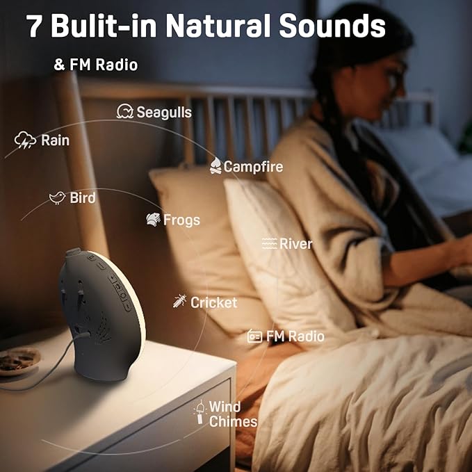 JALL Wake Up Light Sunrise Alarm Clock for Kids, Heavy Sleepers, Bedroom, White Noise Sound Machine with 17 Nihgt Lights, 25 Soothing Sounds, Bluetooth Speaker, Dual Alarms, FM Radio, Wood Grain - Image 3