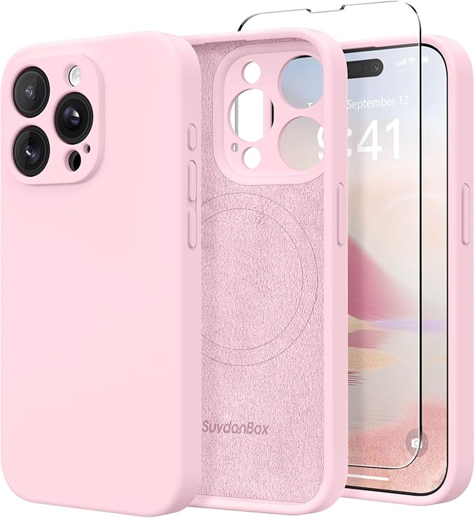 Magnetic for iPhone 14 Pro Case, Compatible with MagSafe, [Full Camera Protection][Screen Protector] Silicone Shockproof Protective Phone Case for iPhone 14 Pro 6.1", Chalk Pink by SUYDANBOX