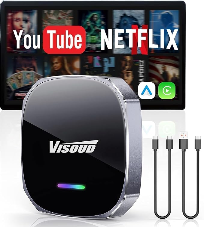 Wireless CarPlay Adapter for iPhone& Android Auto, Visoud AI Magic Box Support Netflix/YouTube, Mini Car Play Wireless Adapter, Plug & Play, Fit with iPhone 8+/iOS10+/Android 11+ by VISOUD