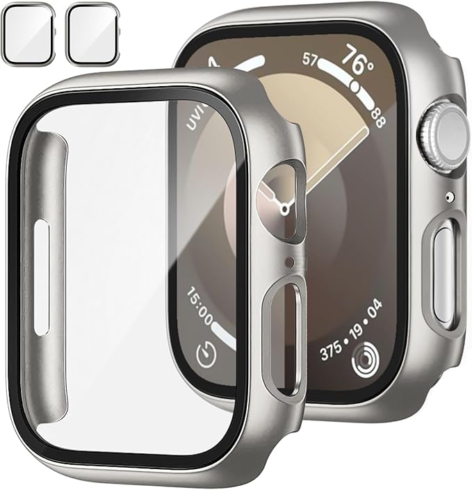 JZK 2 Pack Case with Tempered Glass Screen Protector for Apple Watch Series 6/5/4/SE 40mm, Slim Guard Bumper Full Coverage Hard PC Protective Cover HD Ultra-Thin Cover for iWatch 40mm,Titanium by JZK