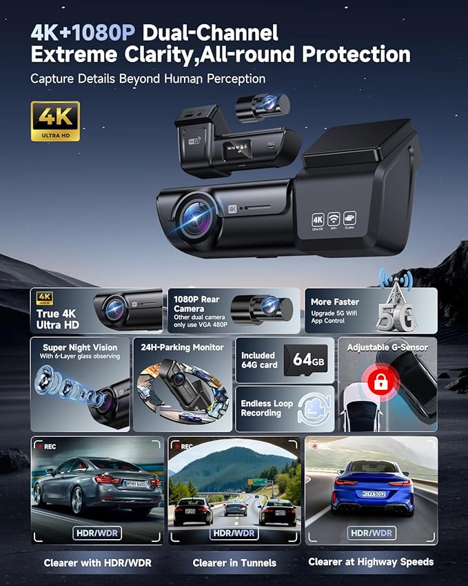 F8 4K Dash Cam Front and Rear, 170° Wide Angle Dshcam Front and Rear Camera with 64GB Card, 5G WiFi & App Control, WDR/HDR Night Vision, 24H Parking Mode, Loop Recording - Image 9