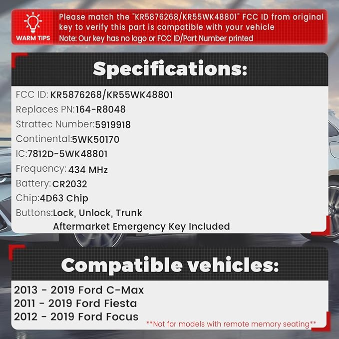 Beefunny Replacement Flip Remote Keyless Entry Key Fob for Ford Focus 2012-2019 C-Max 2013-2019 Fiesta 2011-2019 FCC ID:KR55WK48801 PN:164-R8048 3Buttons 434MHz 4D63Chip (with chip) - Image 2