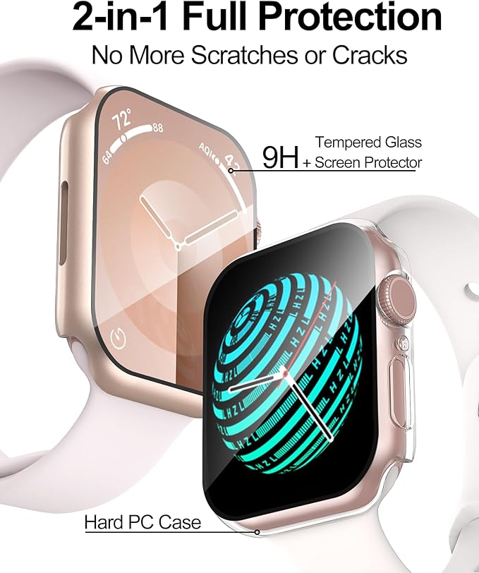 Smiling 2 Pack Case Compatible with Apple Watch Series 9/8/7 45mm with Tempered Glass Screen Protector, Hard PC Case Overall Protective Cover- 1 Rose Gold + 1 Transparent - Image 2