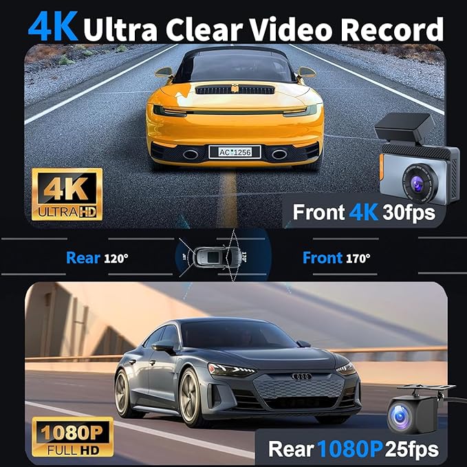 4K Dual Channel Dash Cam Front and Rear, Free 64GB Card Included, 5.8GHz WiFi Dash Camera for Cars, Built-in GPS, G-Sensor, 170°Wide Angle, 3" IPS Screen, 24H Parking Mode, Support 512GB Max - Image 2