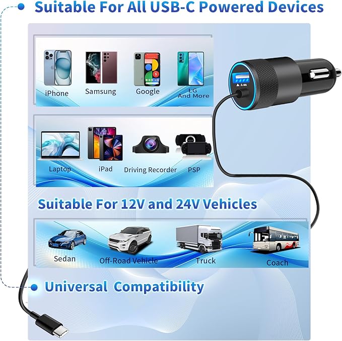 【Apple MFi Certified】iPhone 17 Car Charger, Caiinei 4.8A USB Car Power Cigarette Lighter Adapter USB-C Carplay Fast Charger + 6FT Type-C Cord for iPhone 17/17 Air/17 Pro Max/16/15/Galaxy S25/S24/Pixel - Image 8
