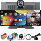10.26" Portable Carplay Screen for Car, Wireless Car Stereo Works with Apple Carplay Android Auto with Front Dash Cam/1080P Backup Camera/Bluetooth/AUX/USB/FM/AM/GPS Navigation by Oeretzrac