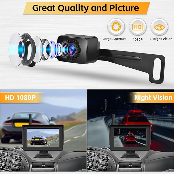 Hikity Wireless Backup Camera System 4.7 Inch Car Monitor Kit HD 1080P License Plate Rear View Camera, Digital Stable Signal, Night Version, IP68 Waterproof, Reverse Camera for Cars - Image 6