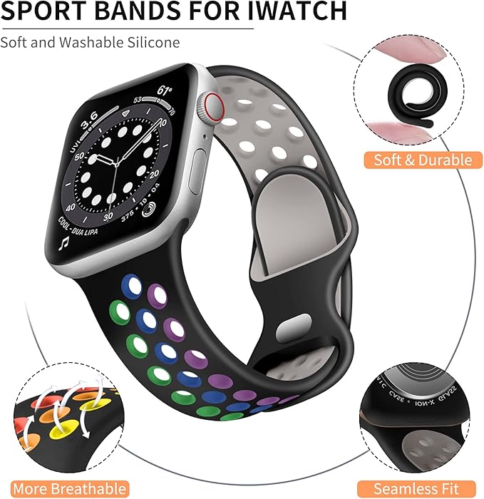 Lerobo Compatible for Apple Watch Band Series 9 8 45mm Series 11 10 46mm 44mm 42mm 49mm Ultra 2 3, Silicone Sport Bands Breathable Wristband Strap for iWatch SE 3 2 1 Series 7 6 5 4 3 2 1 Women Men - Image 8